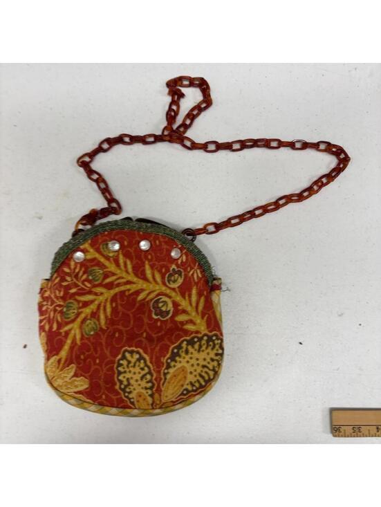 Other - Vintage Handmade Fabric Purse Red Yellow Floral Pattern Tortoiseshell Chain